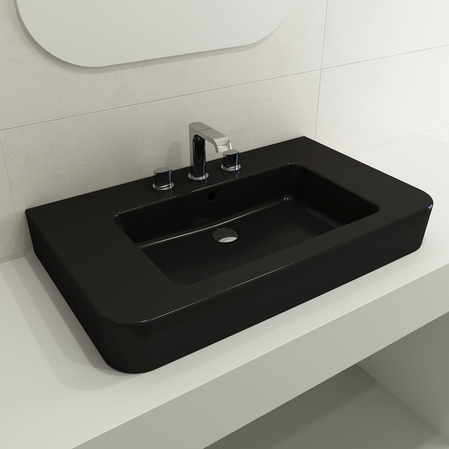BOCCHI Parma 34" Rectangle Wallmount Fireclay Bathroom Sink, Matte Black, 3 Faucet Hole, 1124-004-0127