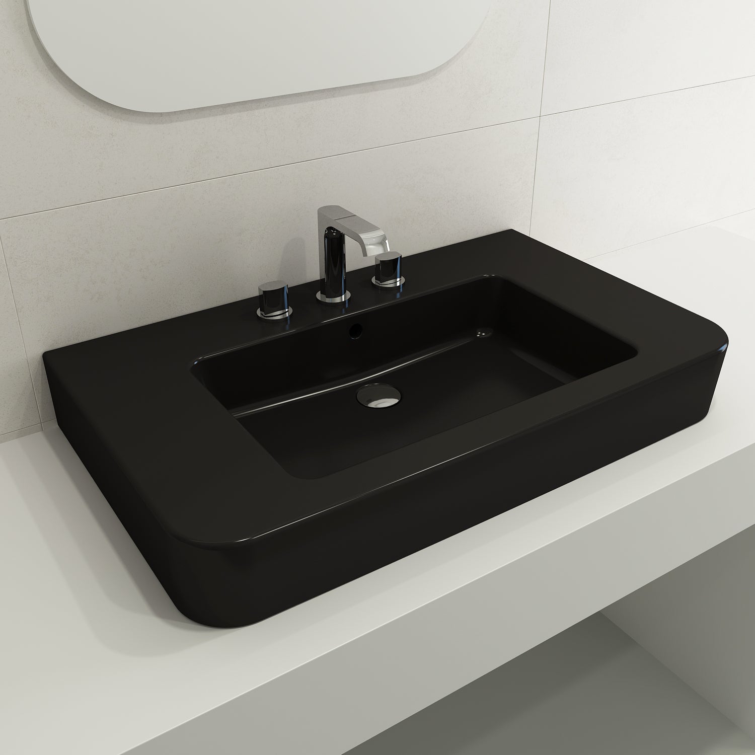 BOCCHI Parma 34" Rectangle Wallmount Fireclay Bathroom Sink, Matte Black, 3 Faucet Hole, 1124-004-0127