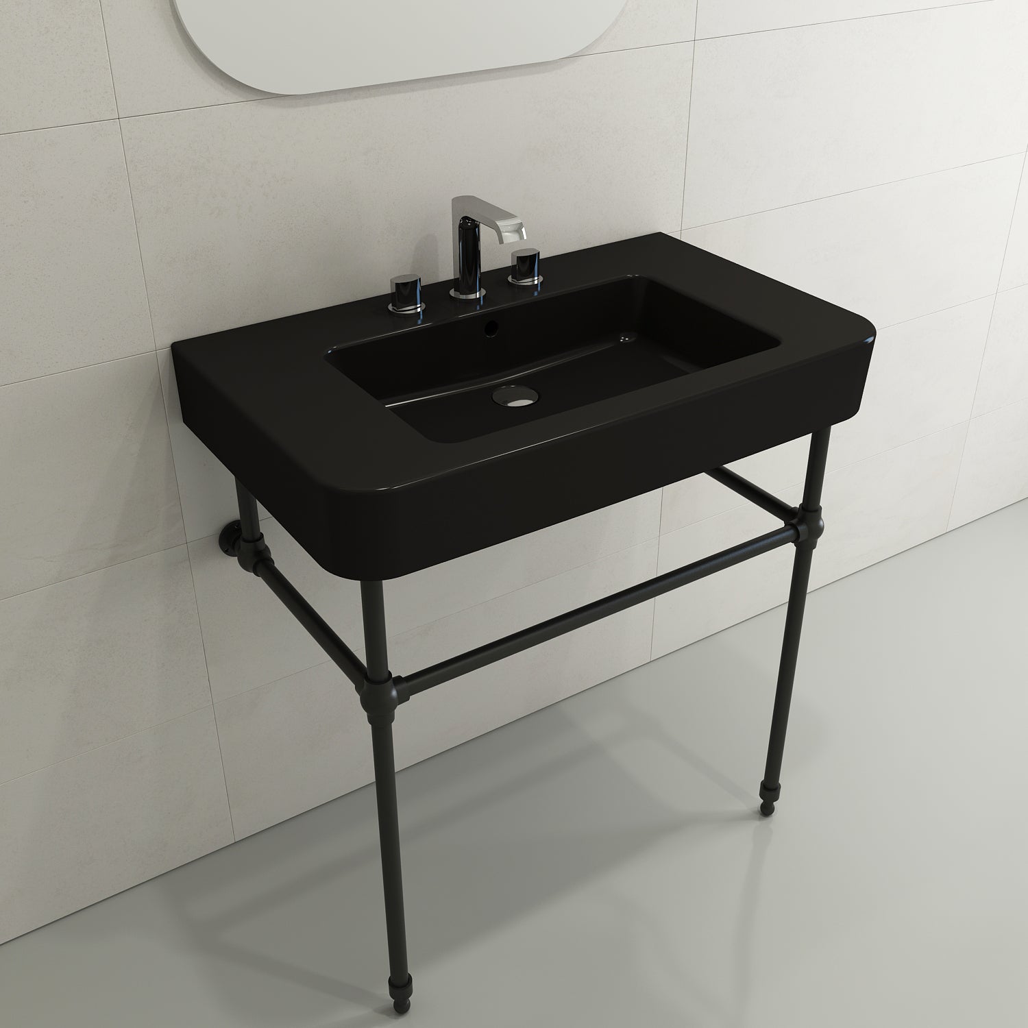 BOCCHI Parma 34" Rectangle Wallmount Fireclay Bathroom Sink, Matte Black, 3 Faucet Hole, 1124-004-0127