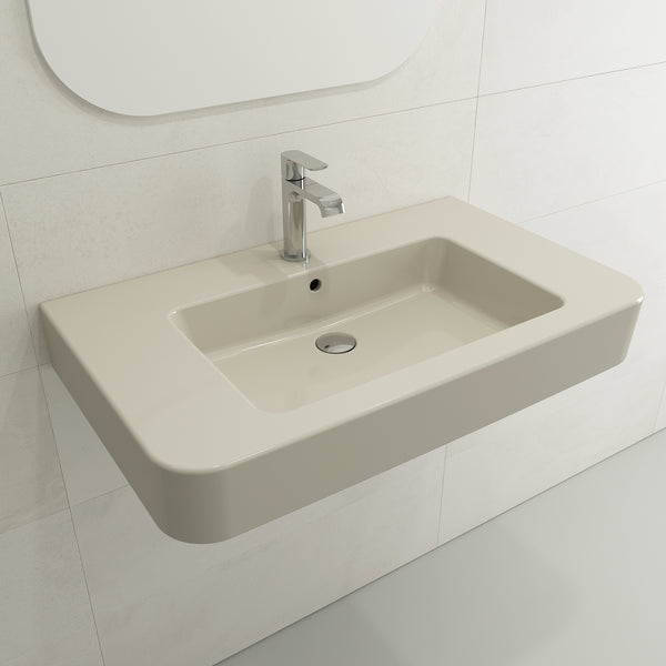 BOCCHI Parma 34" Rectangle Wallmount Fireclay Bathroom Sink, Biscuit, Single Faucet Hole, 1124-014-0126