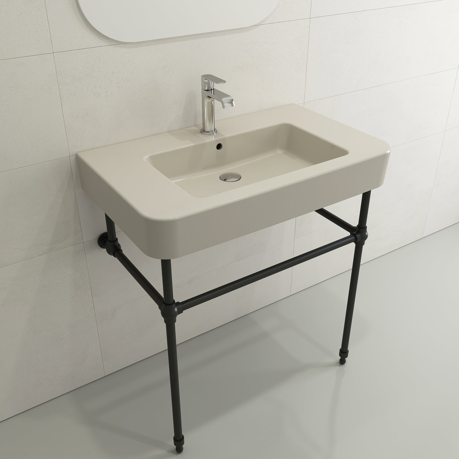BOCCHI Parma 34" Rectangle Wallmount Fireclay Bathroom Sink, Biscuit, Single Faucet Hole, 1124-014-0126
