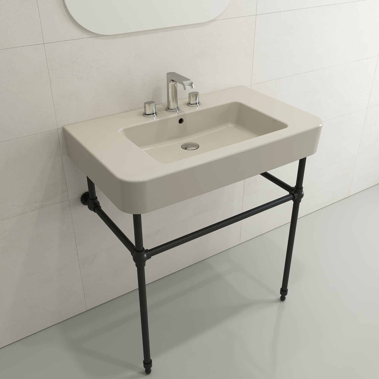 BOCCHI Parma 34" Rectangle Wallmount Fireclay Bathroom Sink, Biscuit, 3 Faucet Hole, 1124-014-0127