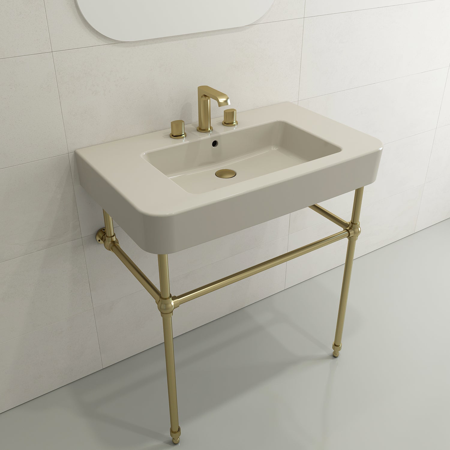 BOCCHI Parma 34" Rectangle Wallmount Fireclay Bathroom Sink, Biscuit, 3 Faucet Hole, 1124-014-0127