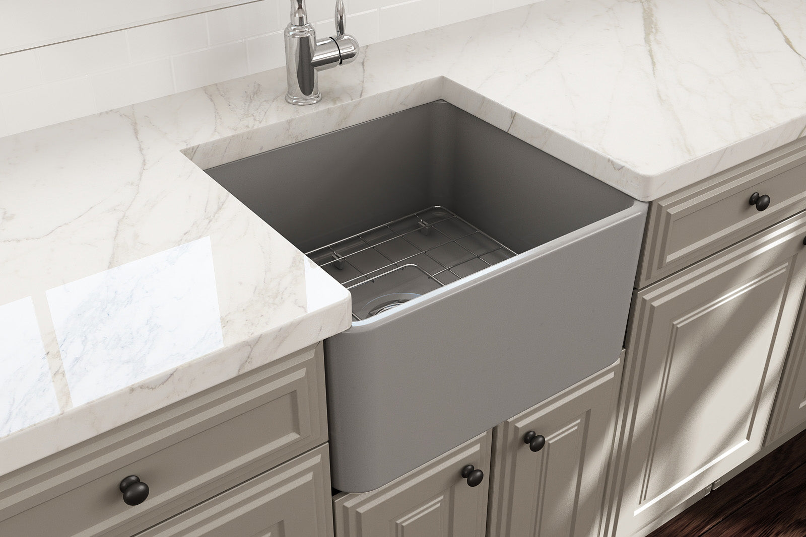 BOCCHI Classico 20" Fireclay Farmhouse Apron Single Bowl Kitchen Sink, Matte Gray, 1136-006-0120