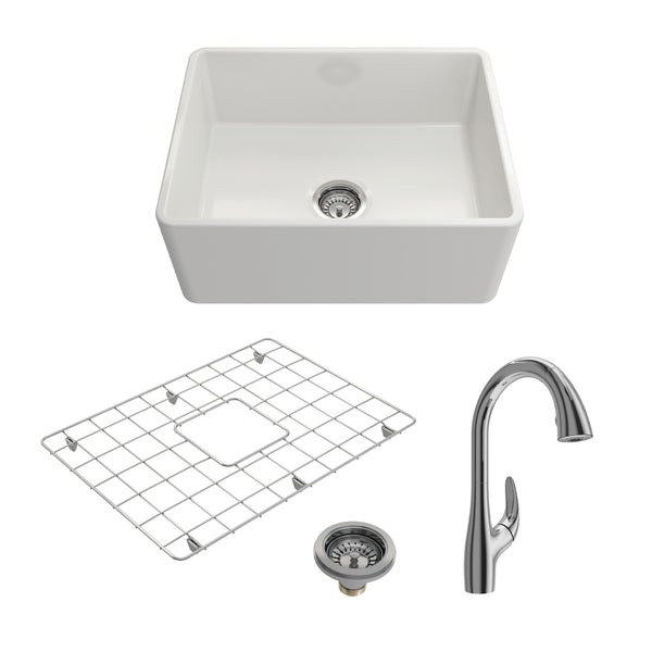 BOCCHI Classico 24" Fireclay Farmhouse Sink Kit with Faucet and Accessories, White (sink) / Chrome (faucet), 1137-001-2024CH