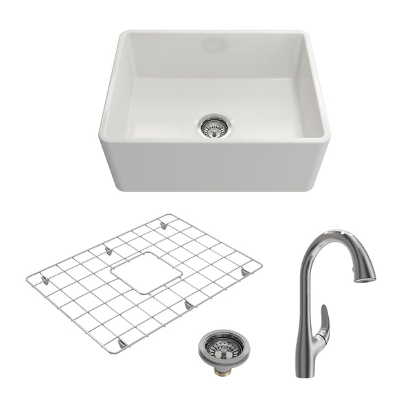 BOCCHI Classico 24" Fireclay Farmhouse Sink Kit with Faucet and Accessories, White (sink) / Stainless Steel (faucet), 1137-001-2024SS