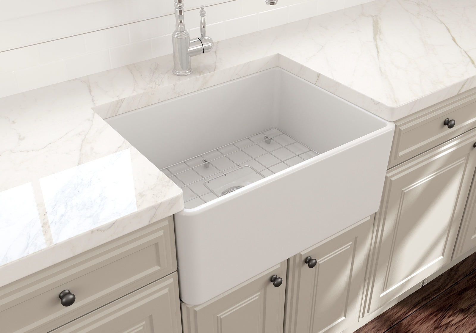 BOCCHI Classico 24" Fireclay Farmhouse Apron Single Bowl Kitchen Sink, Matte White, 1137-002-0120