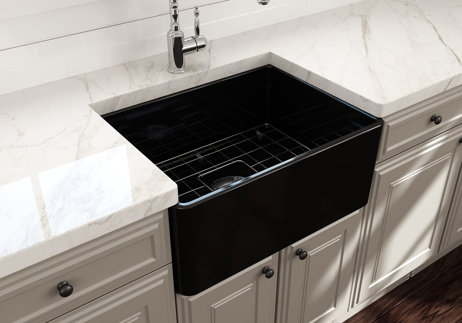 BOCCHI Classico 24" Fireclay Farmhouse Apron Single Bowl Kitchen Sink, Black, 1137-005-0120