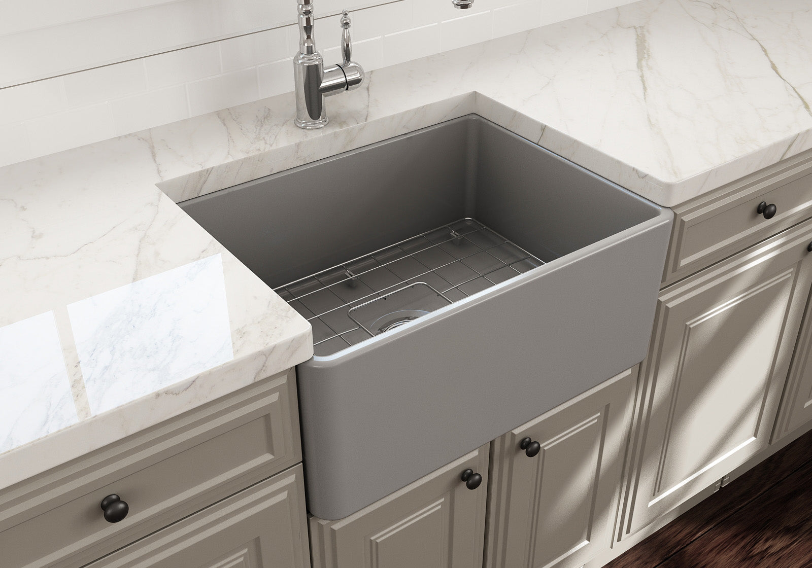 BOCCHI Classico 24" Fireclay Farmhouse Apron Single Bowl Kitchen Sink, Matte Gray, 1137-006-0120