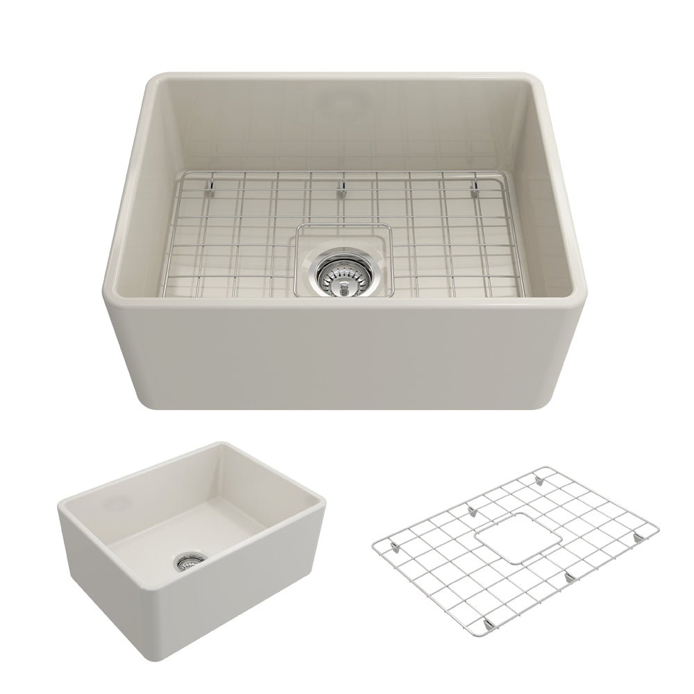BOCCHI Classico 24" Fireclay Farmhouse Apron Single Bowl Kitchen Sink, Biscuit, 1137-014-0120