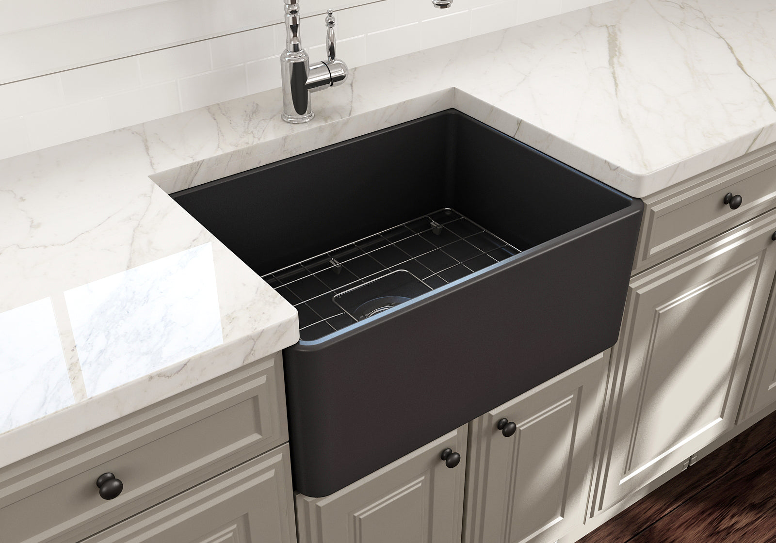 BOCCHI Classico 24" Fireclay Farmhouse Apron Single Bowl Kitchen Sink, Matte Dark Gray, 1137-020-0120