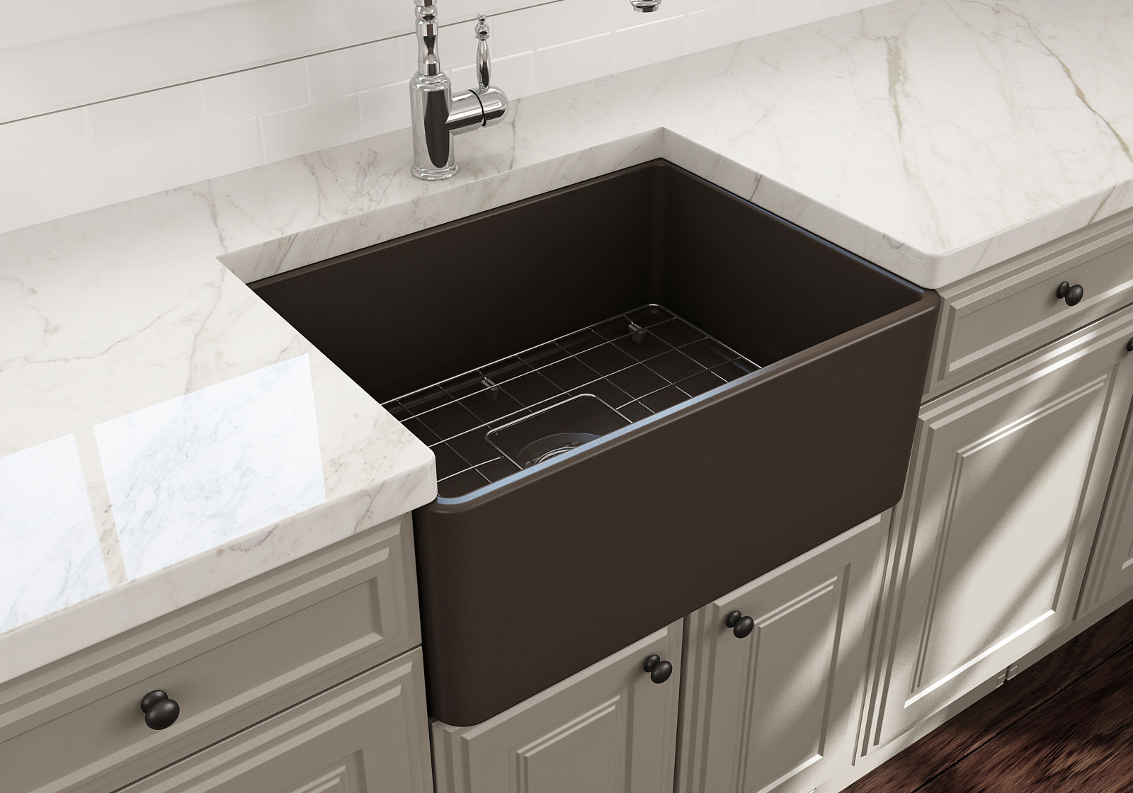 BOCCHI Classico 24" Fireclay Farmhouse Apron Single Bowl Kitchen Sink, Matte Brown, 1137-025-0120