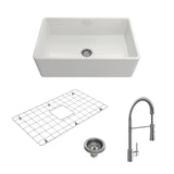 BOCCHI Classico 30" Fireclay Farmhouse Sink Kit with Faucet and Accessories, White (sink) / Chrome (faucet), 1138-001-2020CH