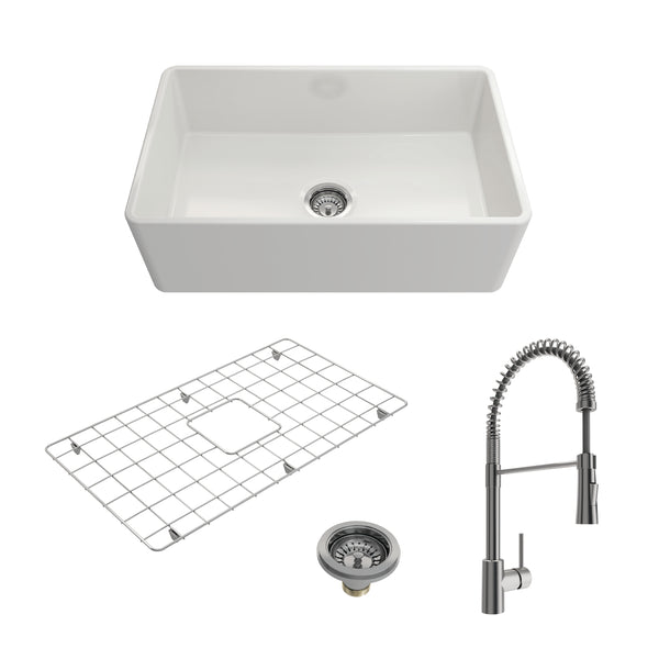 BOCCHI Classico 30" Fireclay Farmhouse Sink Kit with Faucet and Accessories, White (sink) / Stainless Steel (faucet), 1138-001-2020SS