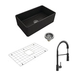 BOCCHI Classico 30" Fireclay Farmhouse Sink Kit with Faucet and Accessories, Matte Black (sink) / Matte Black (faucet), 1138-004-2020MB