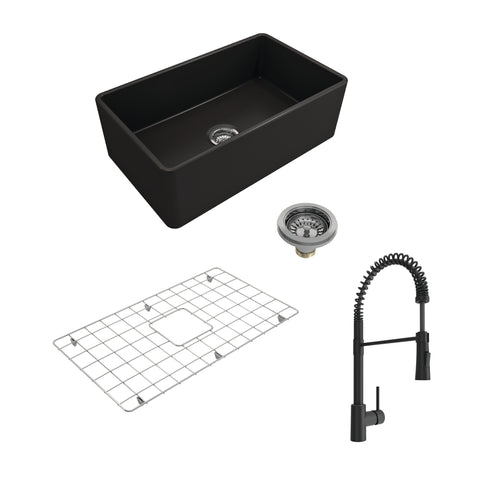 BOCCHI Classico 30" Fireclay Farmhouse Sink Kit with Faucet and Accessories, Matte Black (sink) / Matte Black (faucet), 1138-004-2020MB
