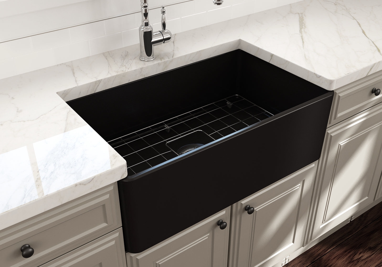 BOCCHI Classico 30" Fireclay Farmhouse Apron Single Bowl Kitchen Sink, Matte Black, 1138-004-0120
