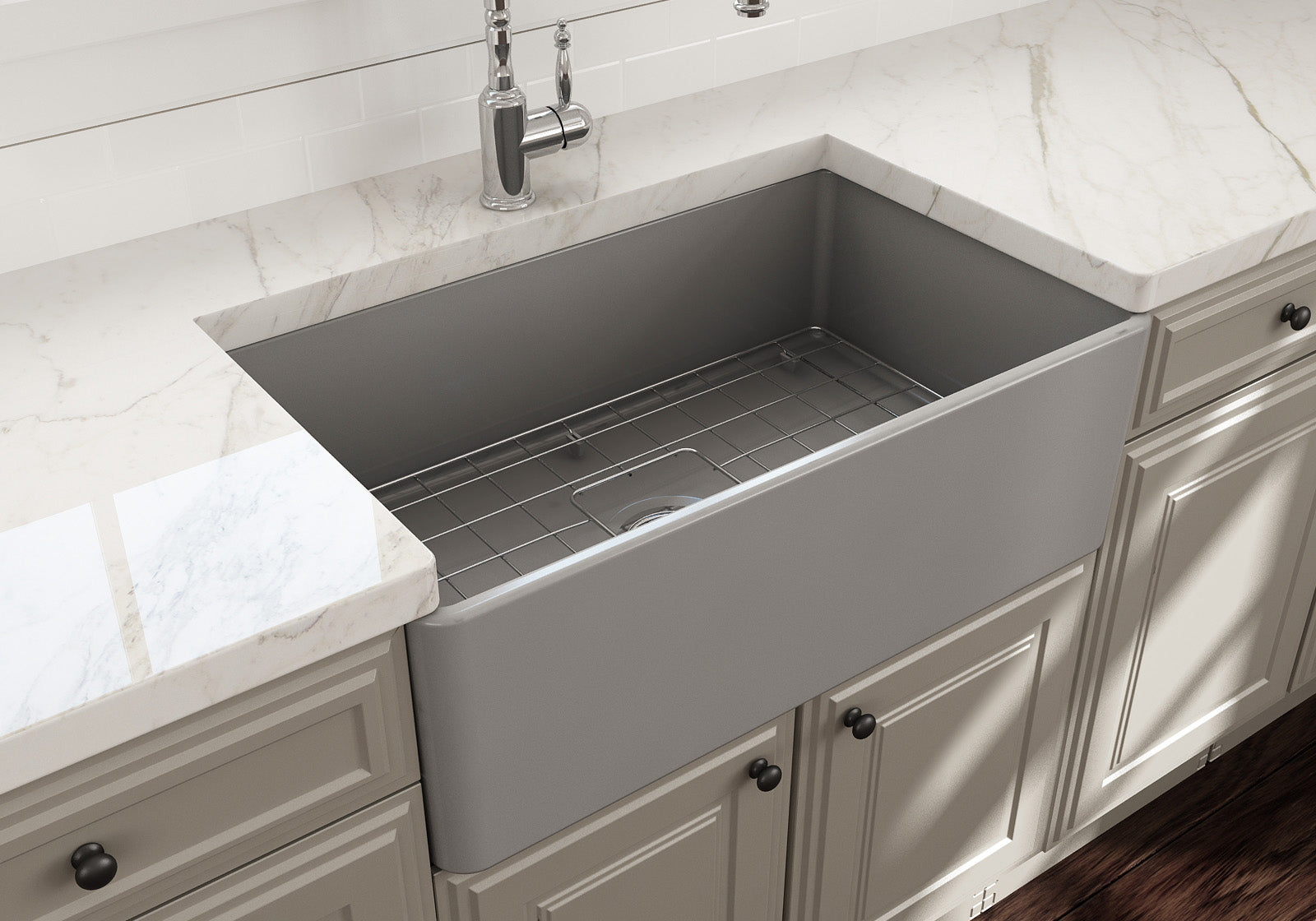 BOCCHI Classico 30" Fireclay Farmhouse Apron Single Bowl Kitchen Sink, Matte Gray, 1138-006-0120