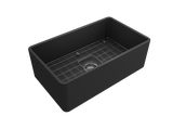BOCCHI Classico 30" Fireclay Farmhouse Apron Single Bowl Kitchen Sink, Matte Dark Gray, 1138-020-0120 with Grid Angled View | The Sink Boutique
