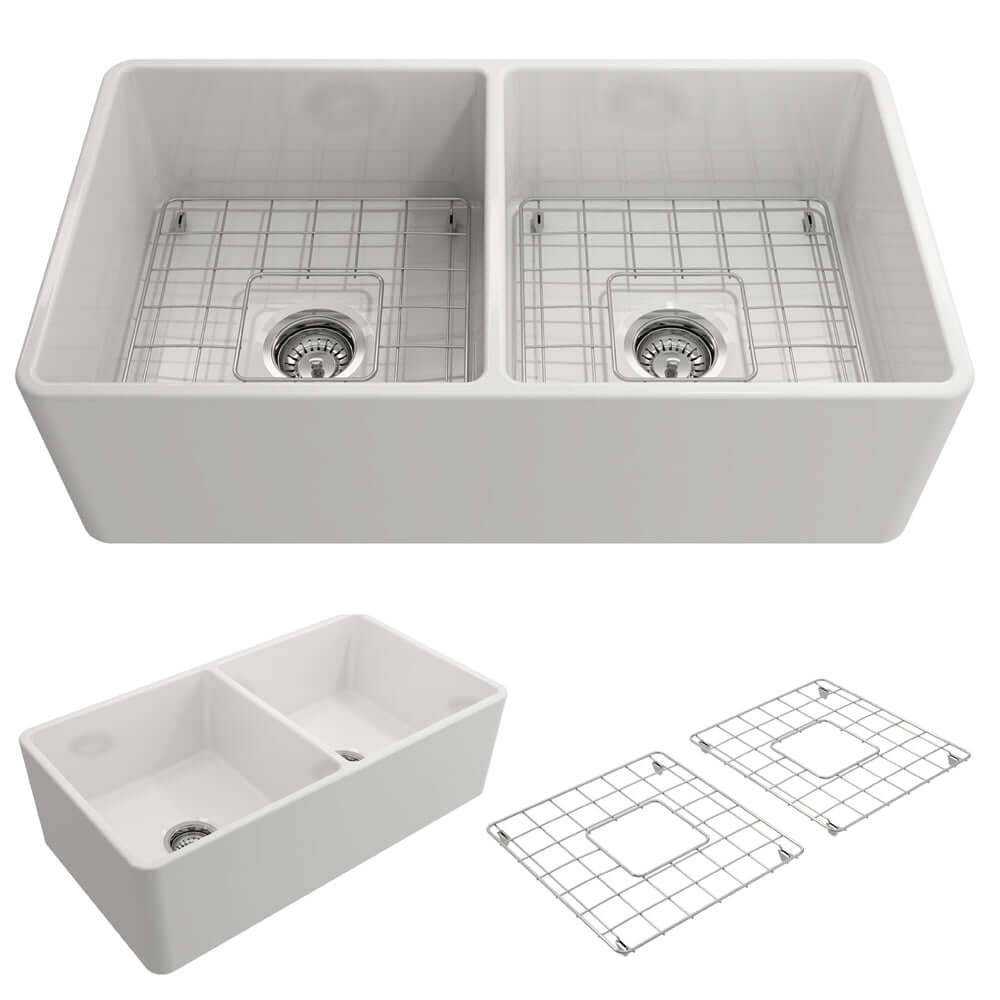 BOCCHI Classico 33" Fireclay Farmhouse Apron 50/50 Double Bowl Kitchen Sink, White, 1139-001-0120