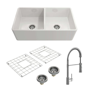 Alternate Image for BOCCHI Classico 33" Fireclay Farmhouse Sink Kit with Faucet and Accessories, 50/50 Double Bowl, White (sink) / Chrome (faucet), 1139-001-2020CH