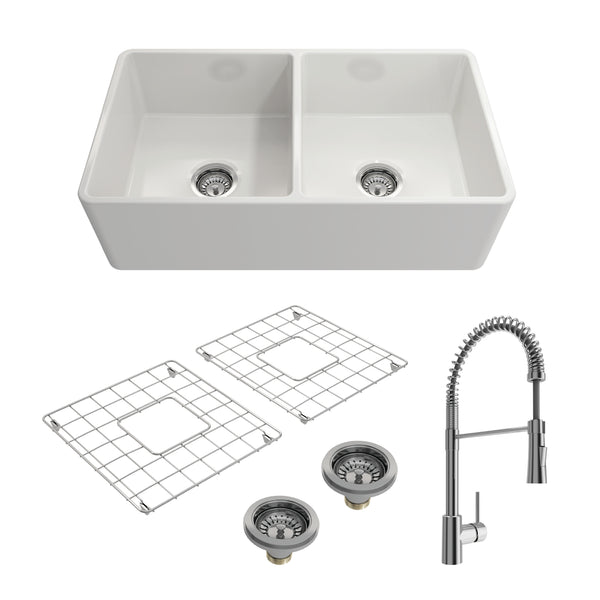 BOCCHI Classico 33" Fireclay Farmhouse Sink Kit with Faucet and Accessories, 50/50 Double Bowl, White (sink) / Chrome (faucet), 1139-001-2020CH