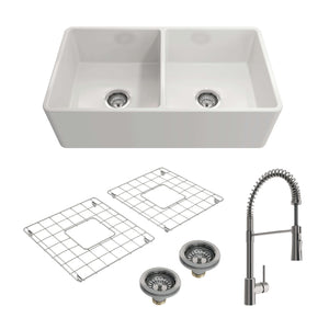 Alternate Image for BOCCHI Classico 33" White Fireclay Farmhouse Sink Kit with Stainless Steel Faucet and Accessories, 50/50 Double Bowl, 1139-001-2020SS