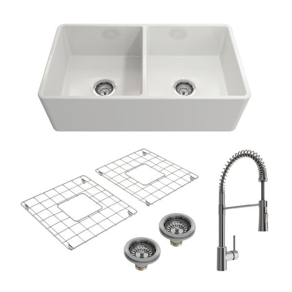 BOCCHI Classico 33" Fireclay Farmhouse Sink Kit with Faucet and Accessories, 50/50 Double Bowl, White (sink) / Stainless Steel (faucet), 1139-001-2020SS