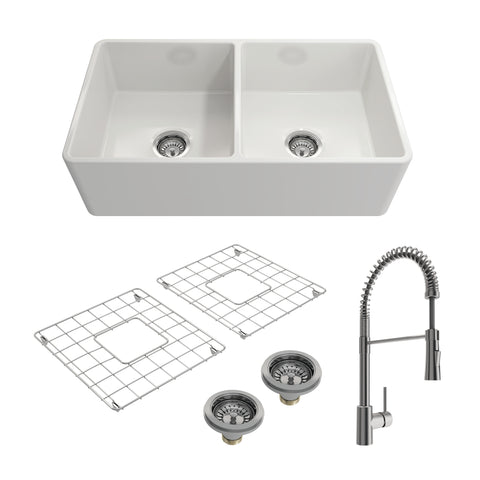 BOCCHI Classico 33" White Fireclay Farmhouse Sink Kit with Stainless Steel Faucet and Accessories, 50/50 Double Bowl, 1139-001-2020SS