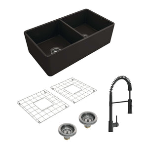 Alternate Image for BOCCHI Classico 33" Matte Black Fireclay Farmhouse Sink Kit with Matte Black Faucet and Accessories, 50/50 Double Bowl, 1139-004-2020MB