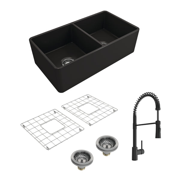 BOCCHI Classico 33" Matte Black Fireclay Farmhouse Sink Kit with Matte Black Faucet and Accessories, 50/50 Double Bowl, 1139-004-2020MB
