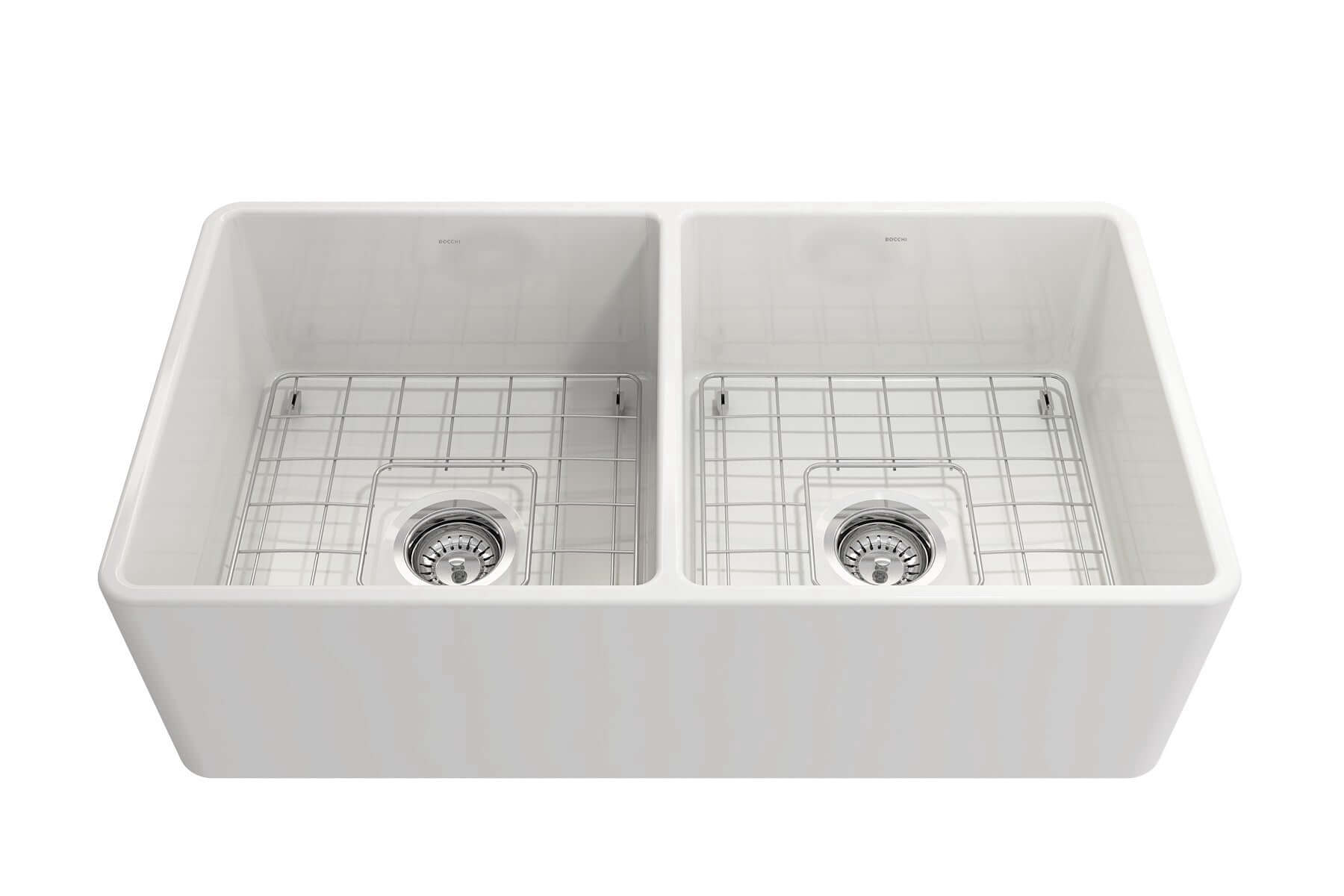 BOCCHI Classico 33" Fireclay Farmhouse Apron 50/50 Double Bowl Kitchen Sink, White, 1139-001-0120