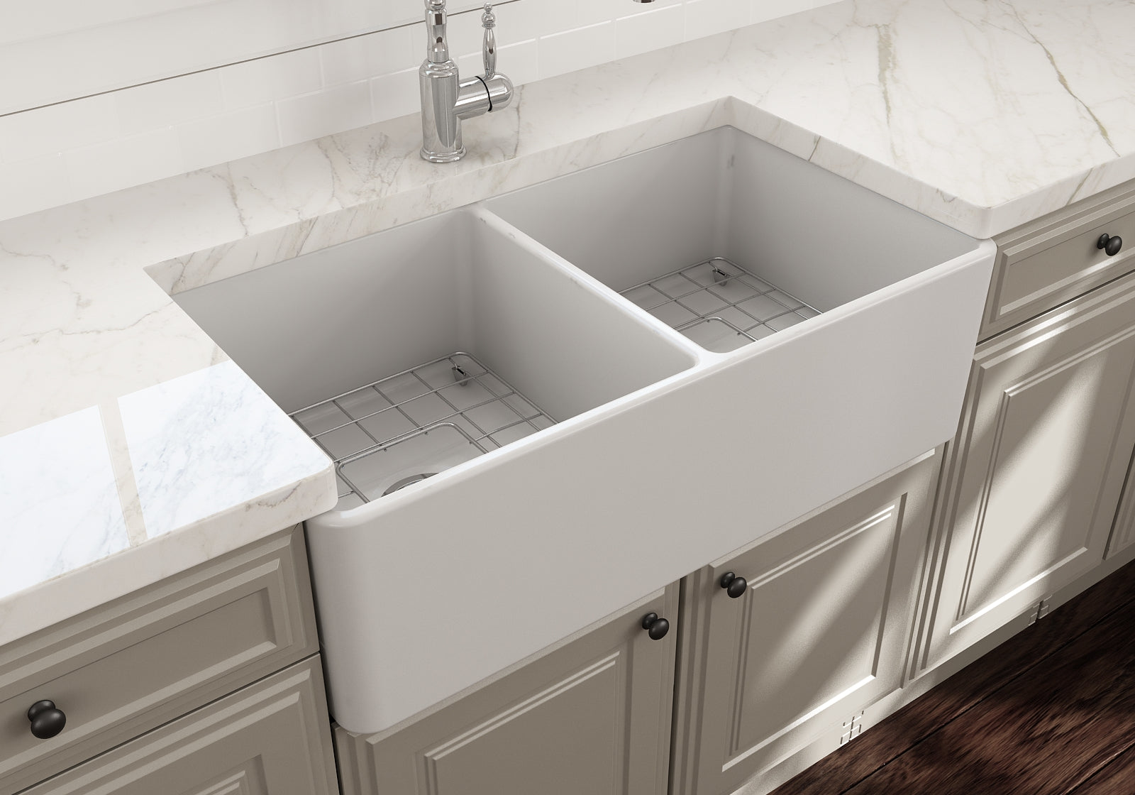 BOCCHI Classico 33" Fireclay Farmhouse Apron 50/50 Double Bowl Kitchen Sink, Matte White, 1139-002-0120