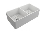 BOCCHI Classico 33" Fireclay Farmhouse Apron 50/50 Double Bowl Kitchen Sink, Matte White, 1139-002-0120 with Grid Angled View | The Sink Boutique