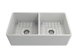 BOCCHI Classico 33" Fireclay Farmhouse Apron 50/50 Double Bowl Kitchen Sink, Matte White, 1139-002-0120 with Grid Straight View | The Sink Boutique
