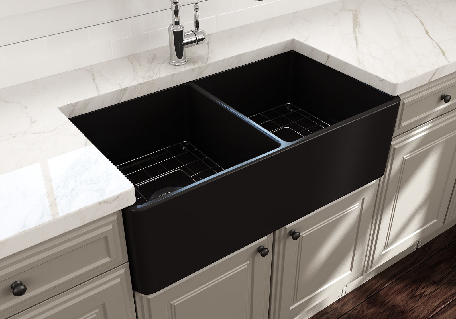 BOCCHI Classico 33" Fireclay Farmhouse Apron 50/50 Double Bowl Kitchen Sink, Matte Black, 1139-004-0120