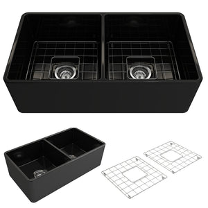 Alternate Image for BOCCHI Classico 33" Fireclay Farmhouse Apron 50/50 Double Bowl Kitchen Sink, Black, 1139-005-0120