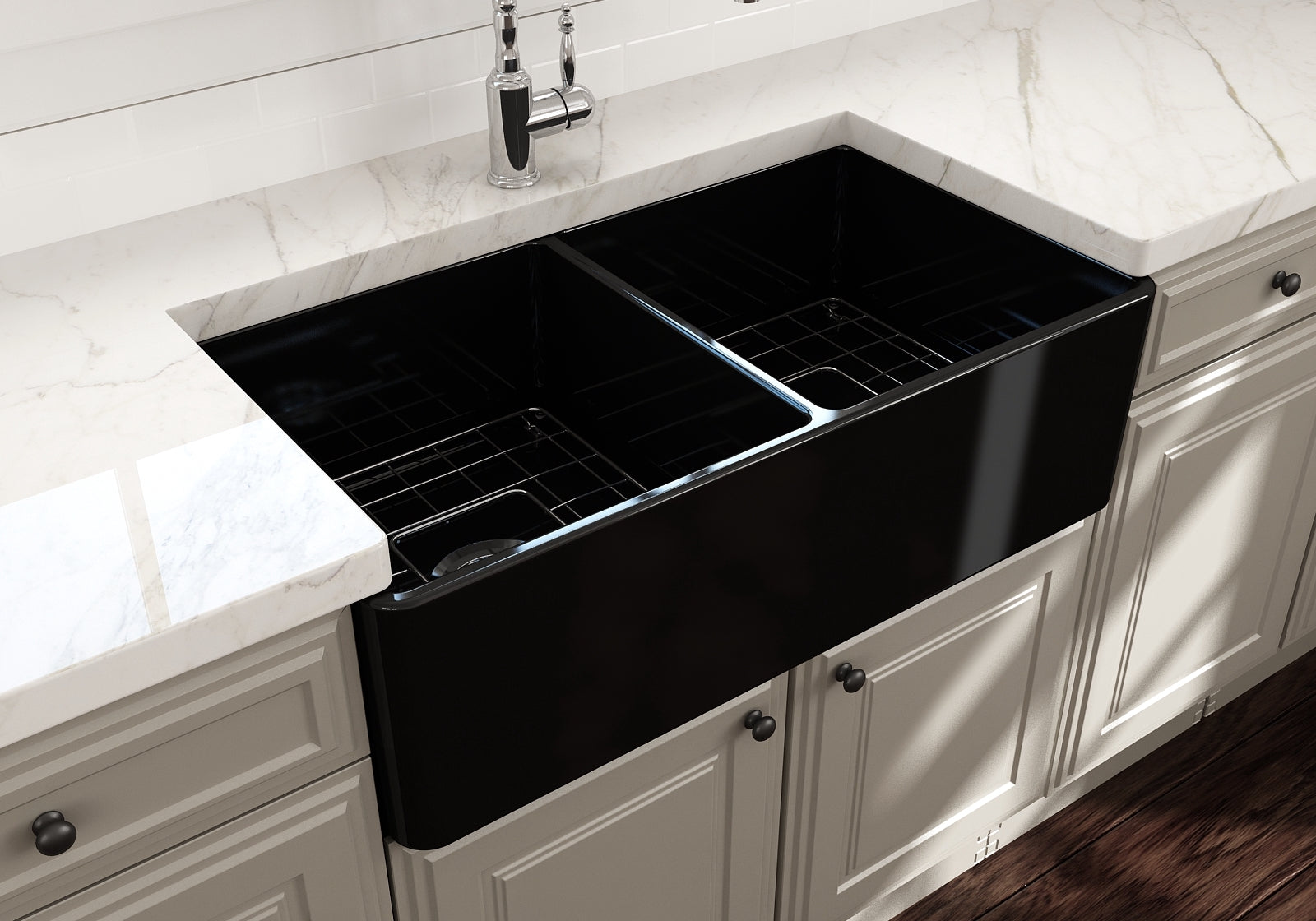 BOCCHI Classico 33" Fireclay Farmhouse Apron 50/50 Double Bowl Kitchen Sink, Black, 1139-005-0120