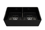 BOCCHI Classico 33" Fireclay Farmhouse Apron 50/50 Double Bowl Kitchen Sink, Black, 1139-005-0120 with Grid Angled View | The Sink Boutique