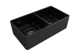 BOCCHI Classico 33" Fireclay Farmhouse Apron 50/50 Double Bowl Kitchen Sink, Black, 1139-005-0120 with Grid Straight View | The Sink Boutique
