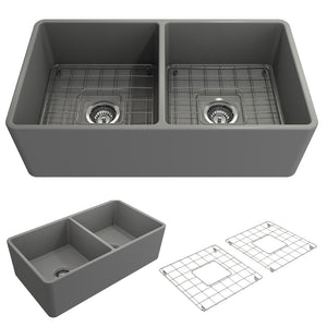 Alternate Image for BOCCHI Classico 33" Fireclay Farmhouse Apron 50/50 Double Bowl Kitchen Sink, Matte Gray, 1139-006-0120