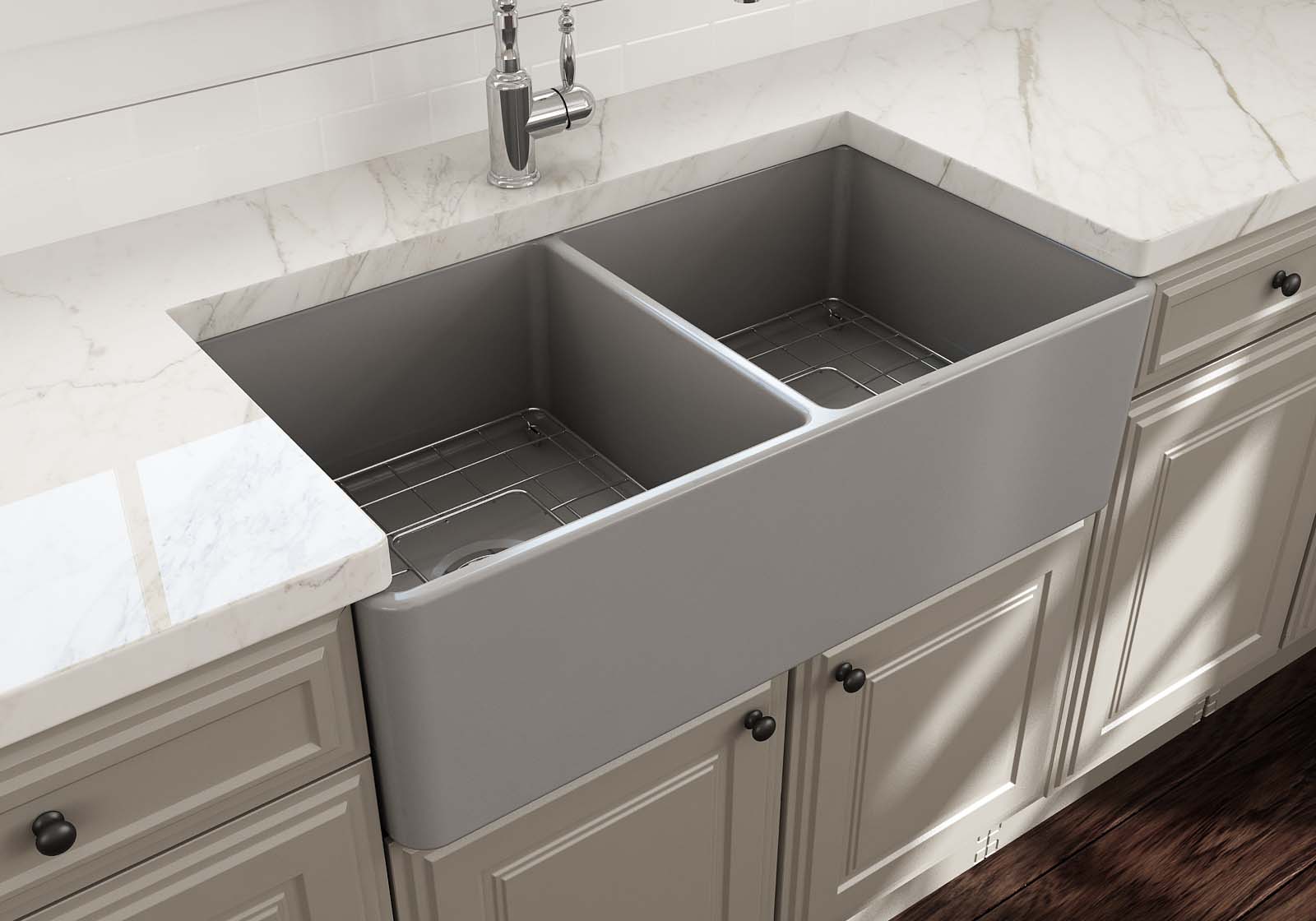 BOCCHI Classico 33" Fireclay Farmhouse Apron 50/50 Double Bowl Kitchen Sink, Matte Gray, 1139-006-0120