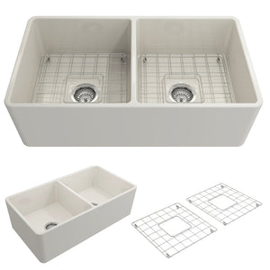Alternate Image for BOCCHI Classico 33" Fireclay Farmhouse Apron 50/50 Double Bowl Kitchen Sink, Biscuit, 1139-014-0120