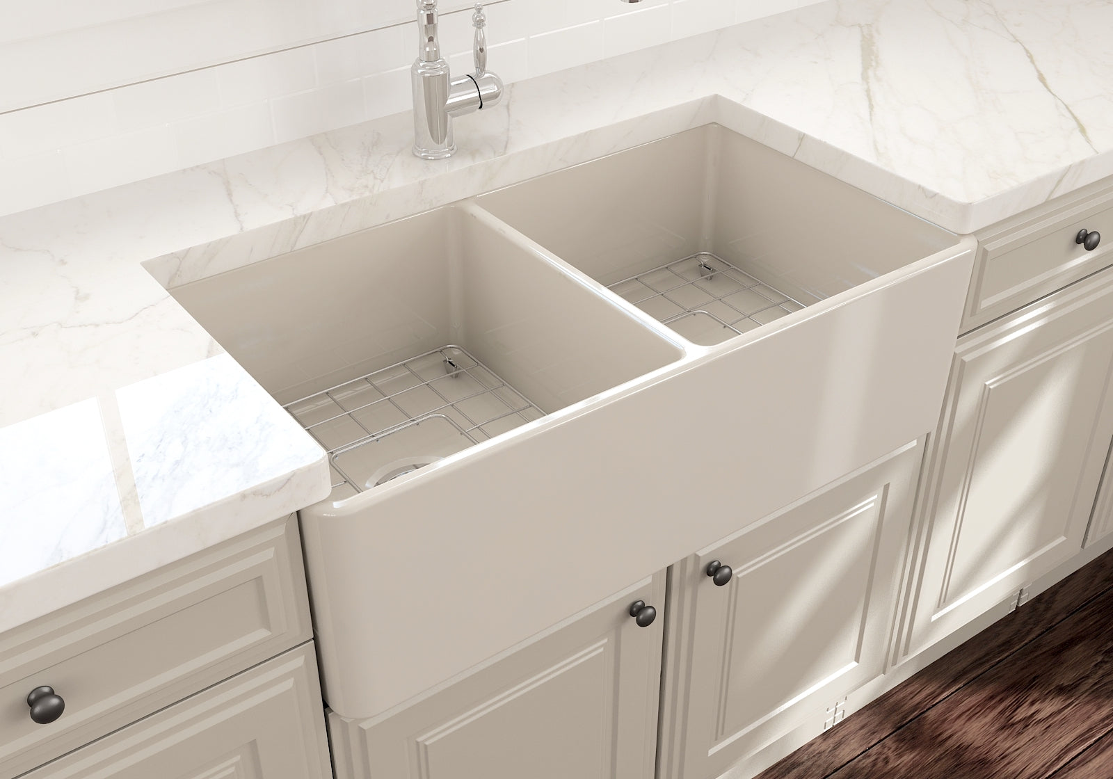 BOCCHI Classico 33" Fireclay Farmhouse Apron 50/50 Double Bowl Kitchen Sink, Biscuit, 1139-014-0120