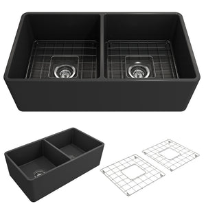 Alternate Image for BOCCHI Classico 33" Fireclay Farmhouse Apron 50/50 Double Bowl Kitchen Sink, Matte Dark Gray, 1139-020-0120