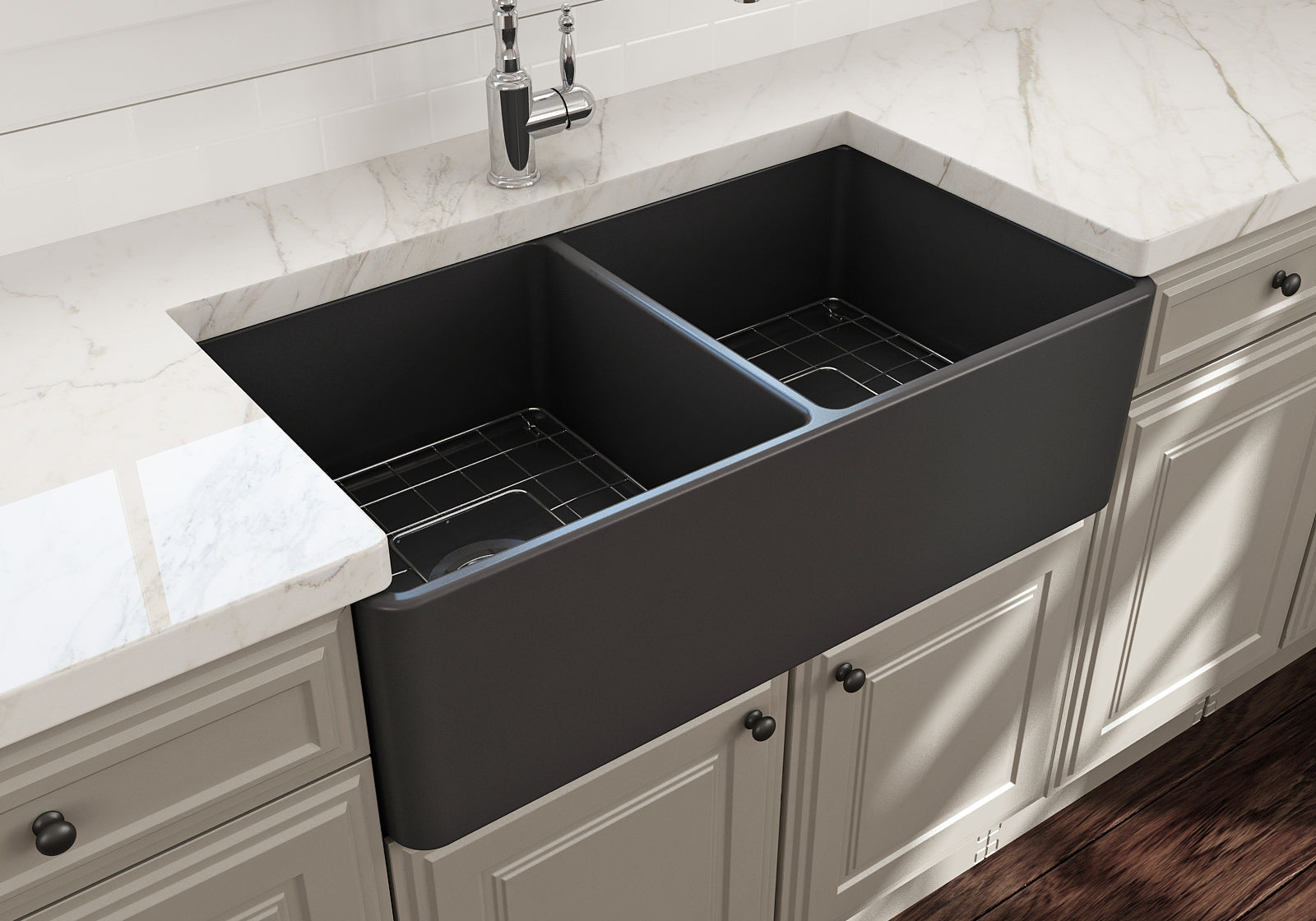 BOCCHI Classico 33" Fireclay Farmhouse Apron 50/50 Double Bowl Kitchen Sink, Matte Dark Gray, 1139-020-0120