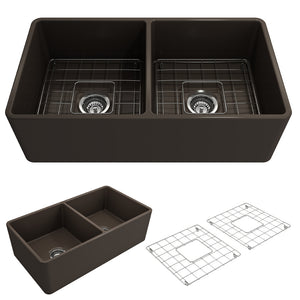 Alternate Image for BOCCHI Classico 33" Fireclay Farmhouse Apron 50/50 Double Bowl Kitchen Sink, Matte Brown, 1139-025-0120