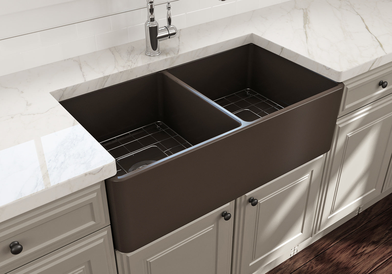 BOCCHI Classico 33" Fireclay Farmhouse Apron 50/50 Double Bowl Kitchen Sink, Matte Brown, 1139-025-0120