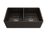 BOCCHI Classico 33" Fireclay Farmhouse Apron 50/50 Double Bowl Kitchen Sink, Matte Brown, 1139-025-0120 with Grid Angled View | The Sink Boutique