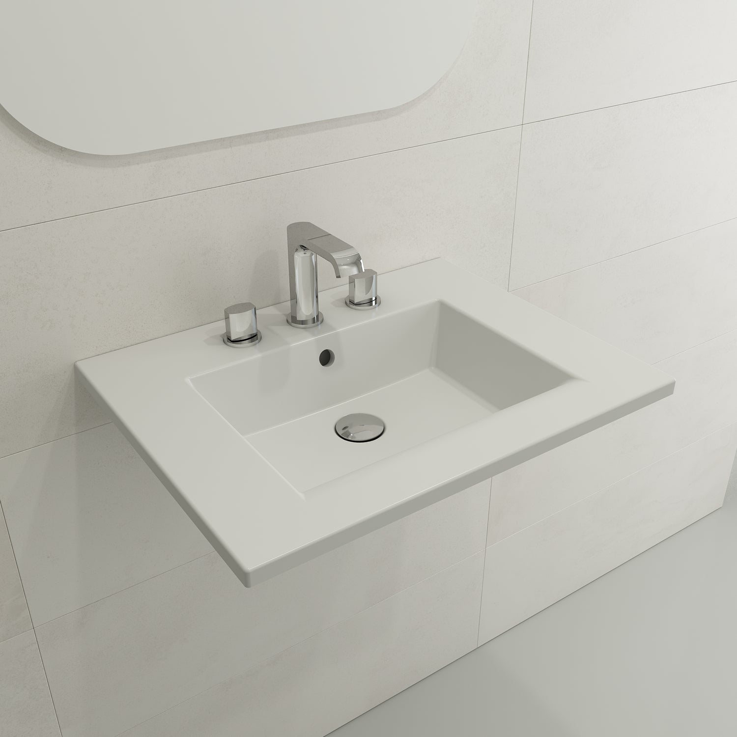 BOCCHI Ravenna 25" Rectangle Wallmount Fireclay Bathroom Sink, Matte White, 3 Faucet Hole, 1161-002-0127